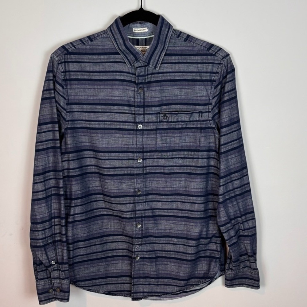 Original Penguin Heritage Slim Fit Blue Striped Button up Shirt Men Small Cotton